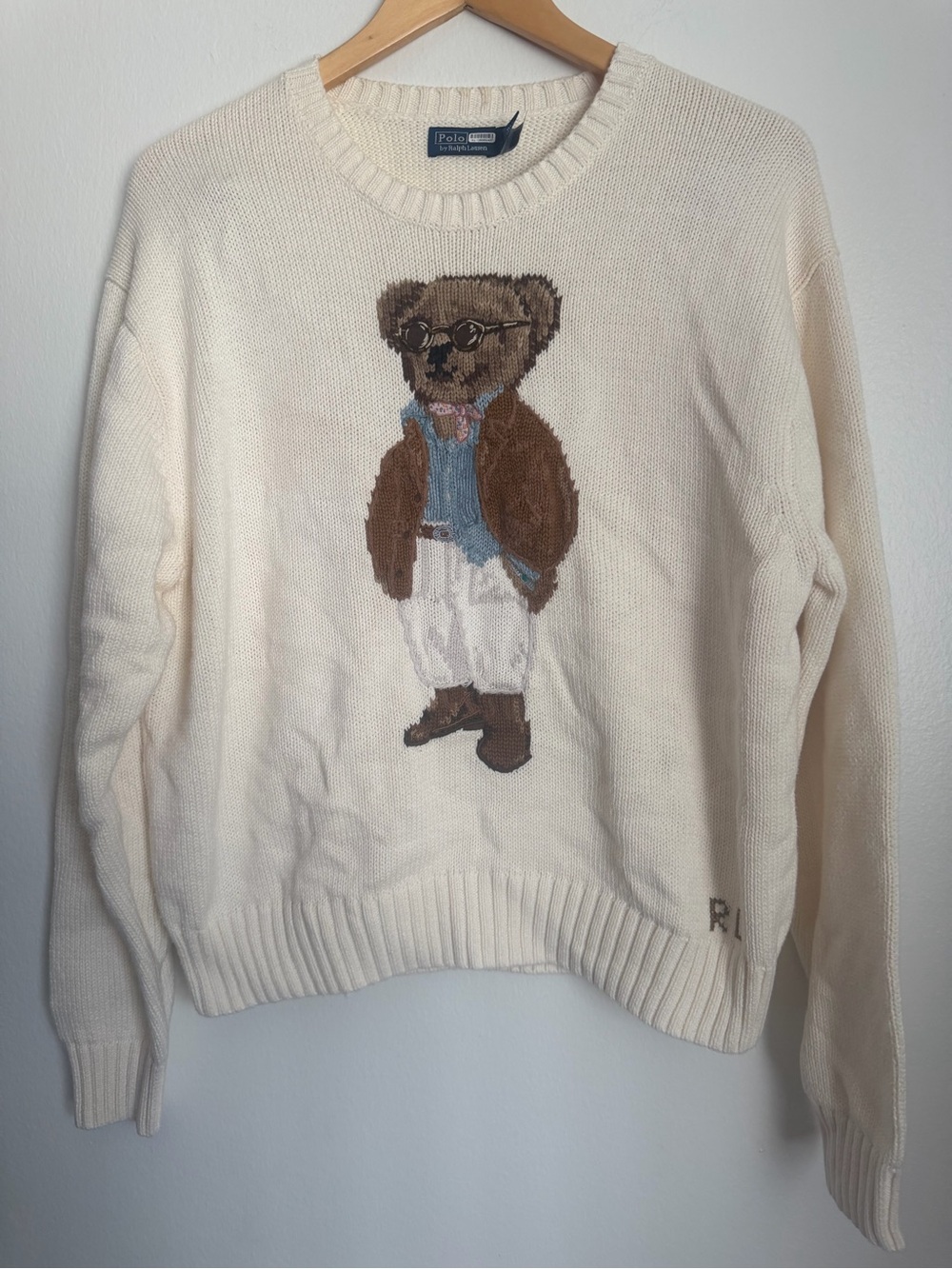 Polo by Ralph Lauren Knit Sweater Bear Logo Motif Cotton Women Medium Crewneck